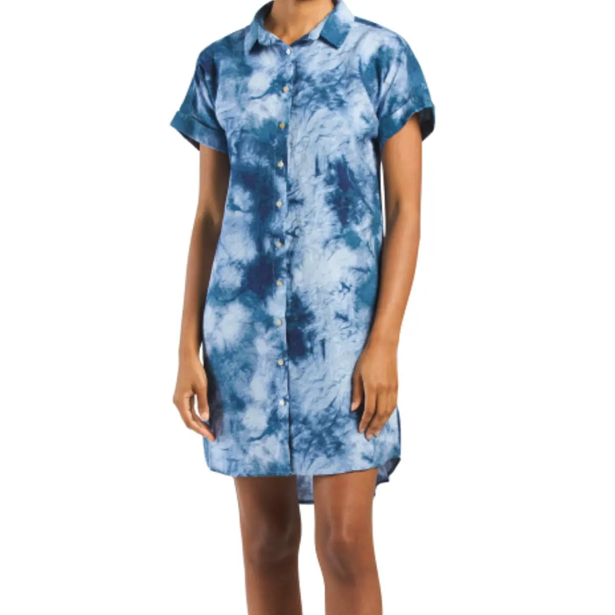 Cynthia Rowley Women's Linen Hi-Low Hem Short Sleeve Tie Dye Print Mini Shirt Dress 1