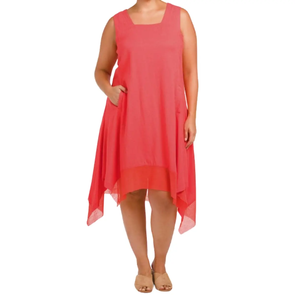 Cynthia Rowley Plus Linen Shark Bite Hem Square Neck Pocket Midi Dress 1