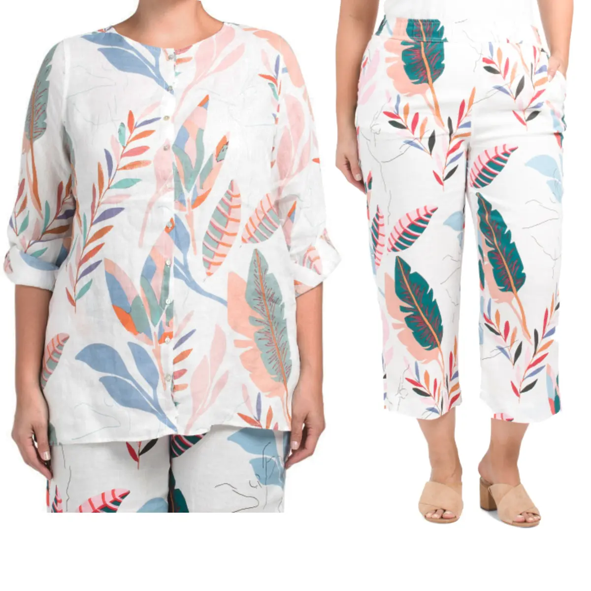 Cynthia Rowley Plus Linen Tropical Floral Print Button Front Tunic Top And Pants Collection 1