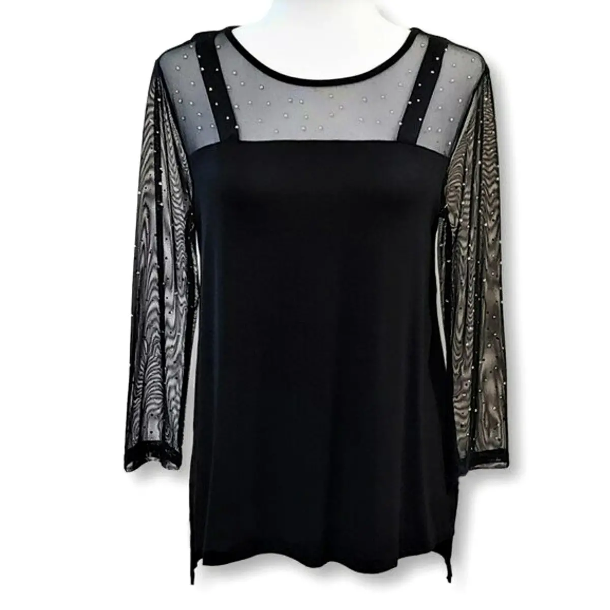 Cable & Gauge Women's Mesh Yoke Rhinestone Hi-Low Hem Blouse Top 2