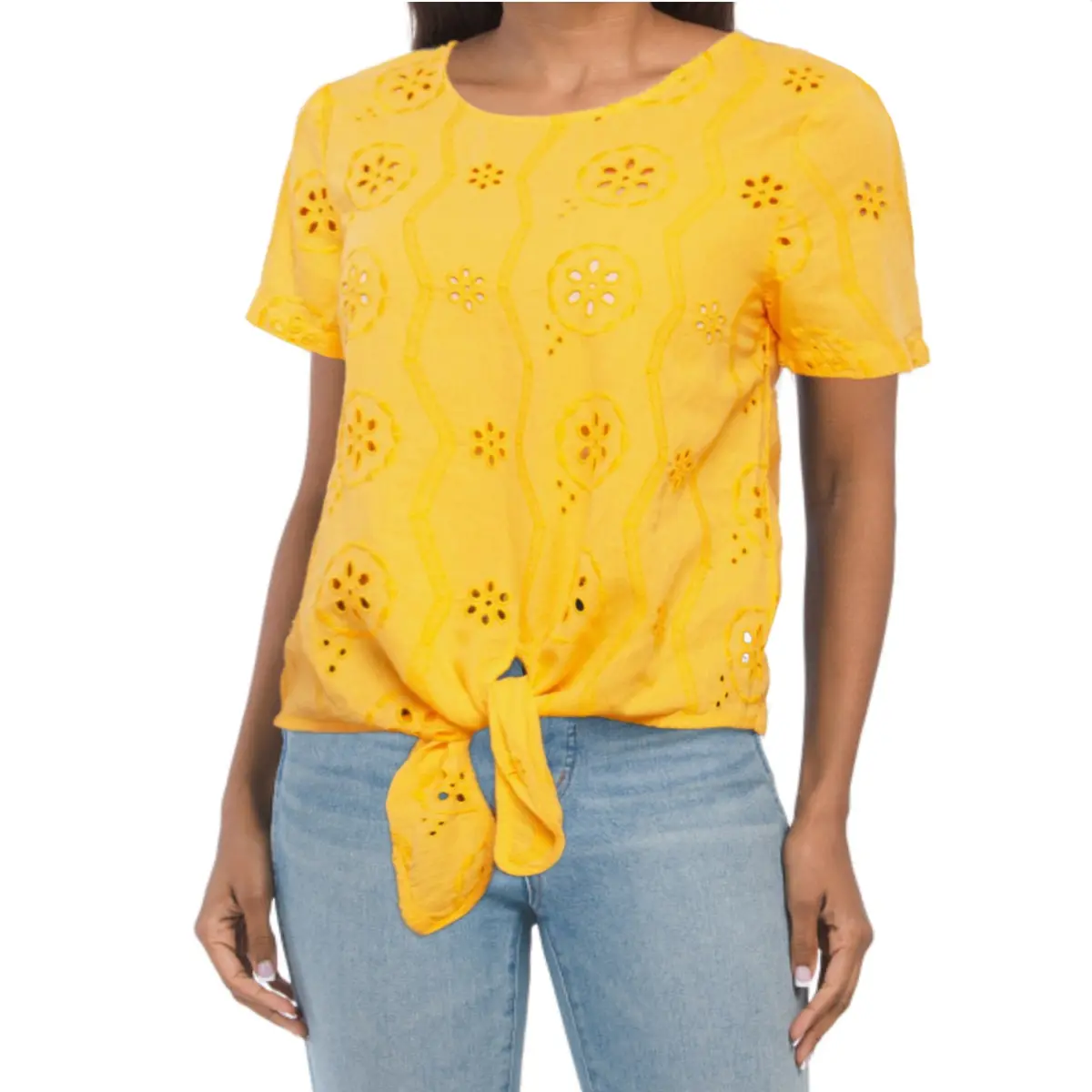Christian Siriano Women's Linen Cotton Blend Tie-Front Eyelet Blouse Shirt 1