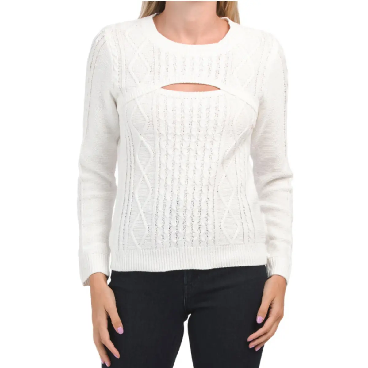 Kaily K Women's Cut Out Soft Cotton Blend Cable Knit Sweater 1