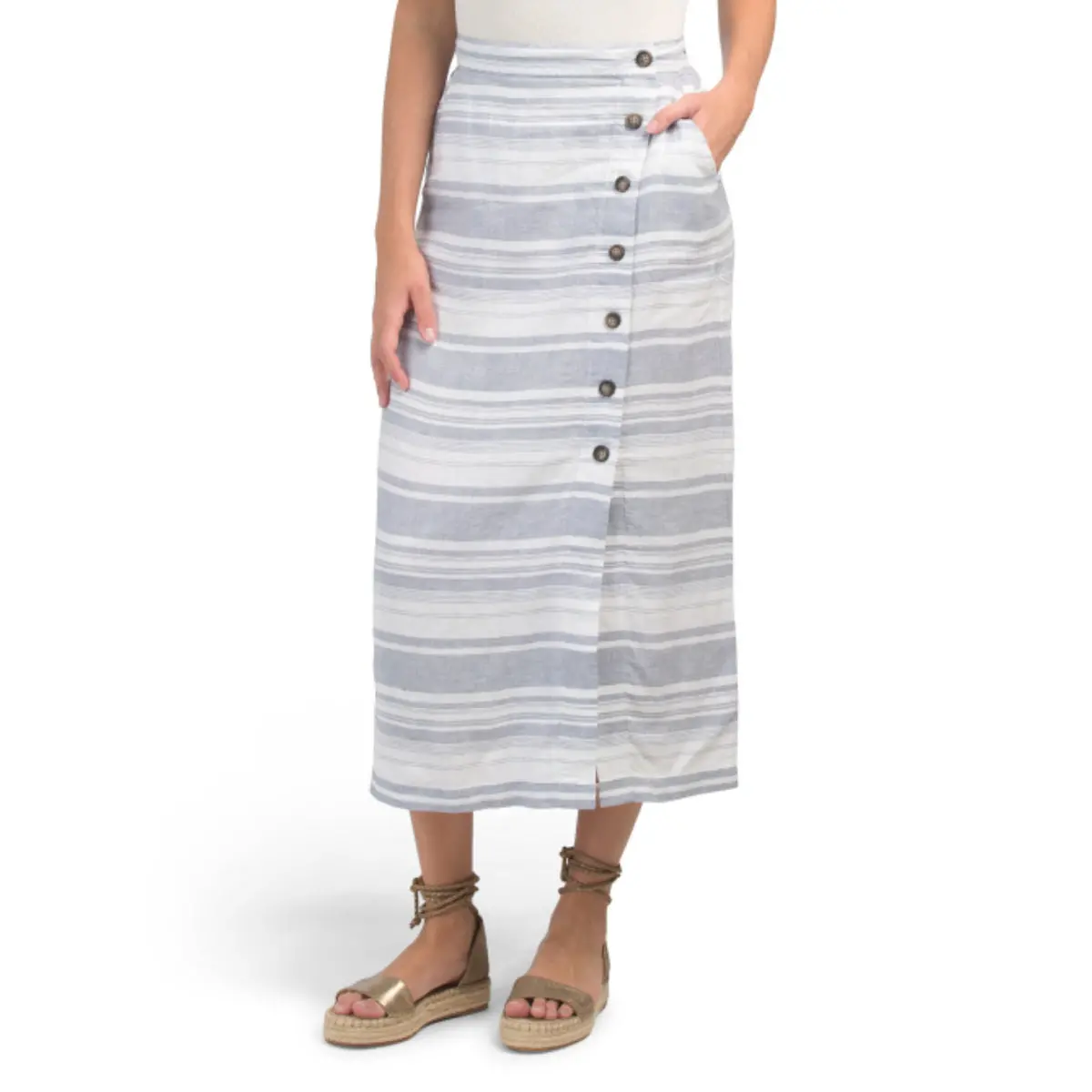 Cynthia Rowley Women's Linen Yarn Dyed Striped Button Front Midi Skirt 1