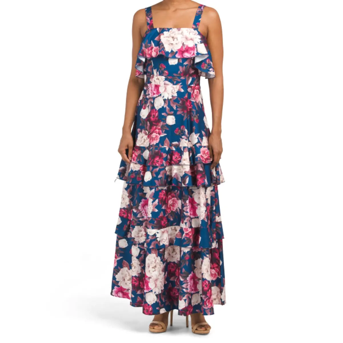 Dalia Macphee Women's Floral Print Ruffle Square Neck Maxi Dress 1