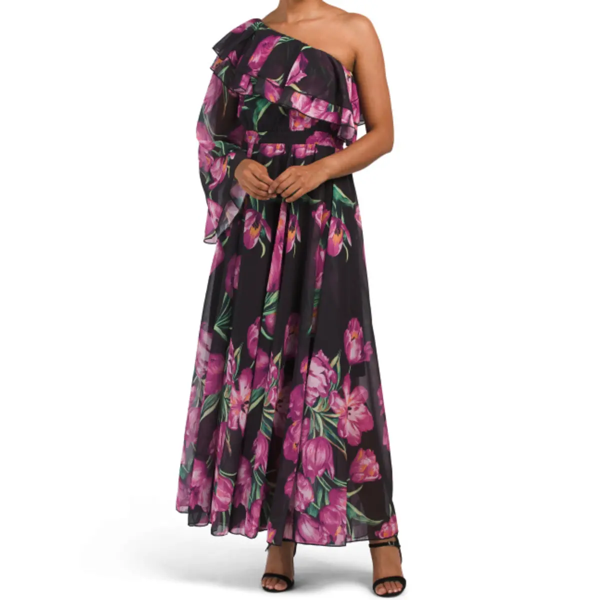 Dalia Macphee Women's One Shoulder Bold Floral Asymmetrical Maxi Dress 1