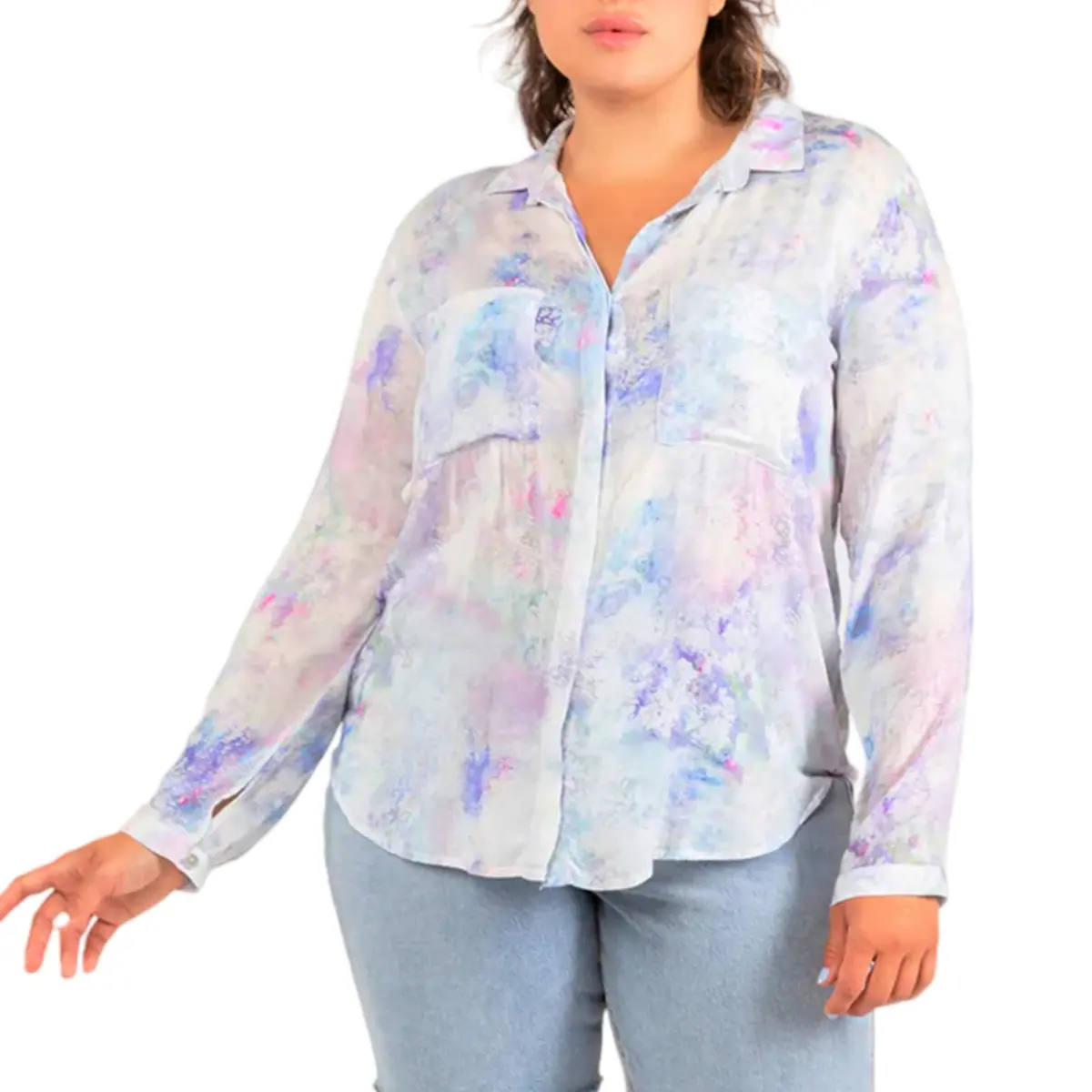 Dex Women's Plus Pastel Print Long Sleeves Button Down Top Shirt 1