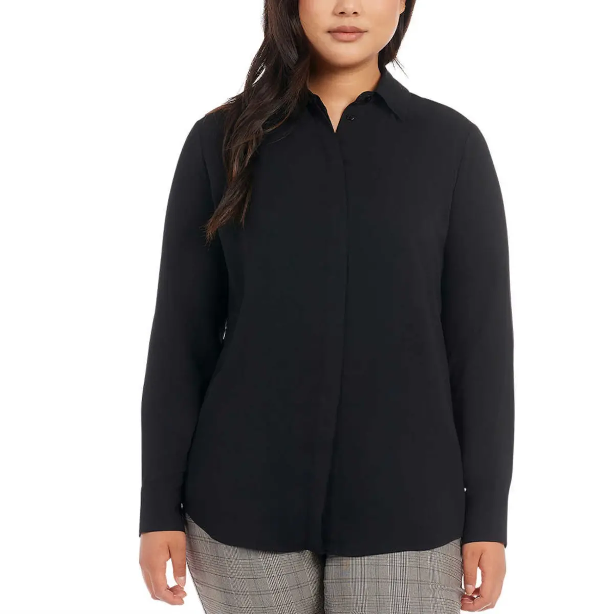 Dalia Women's Long Sleeve High Low Hem Woven Button Down Blouse Top 1
