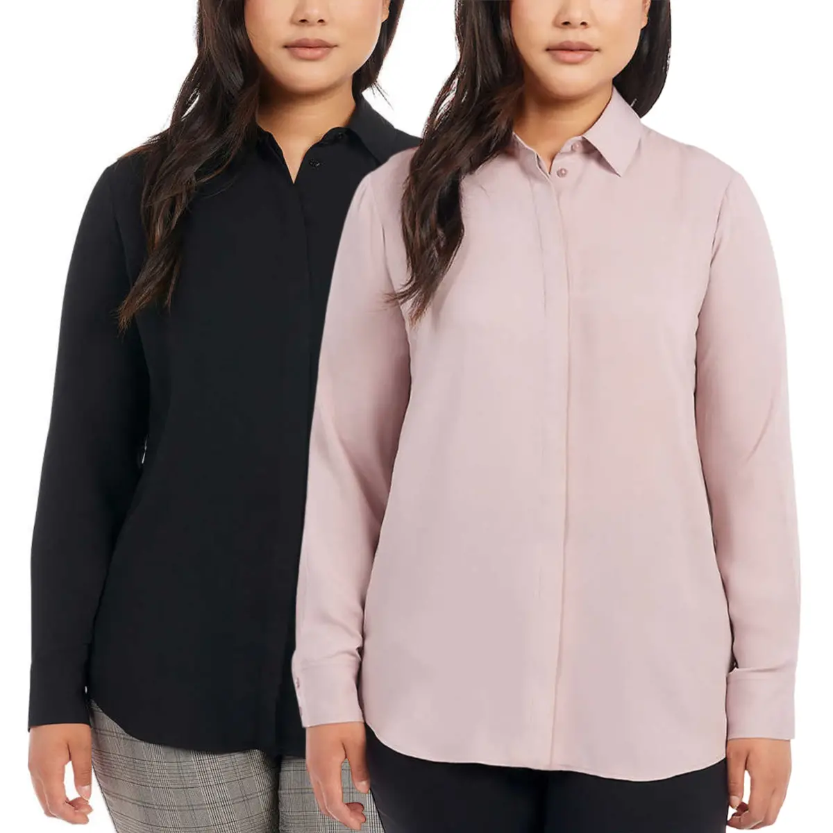 Dalia Women's Long Sleeve High Low Hem Woven Button Down Blouse Top 1
