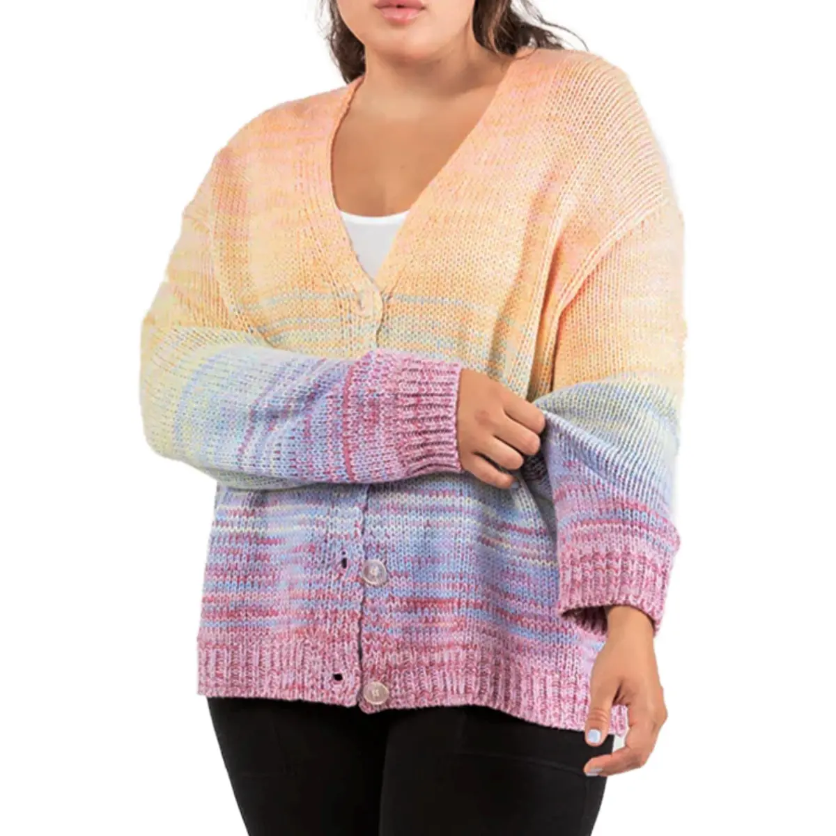 Dex Women's Plus Cozy Knit Rainbow Sweater Front Button Cardigan 1