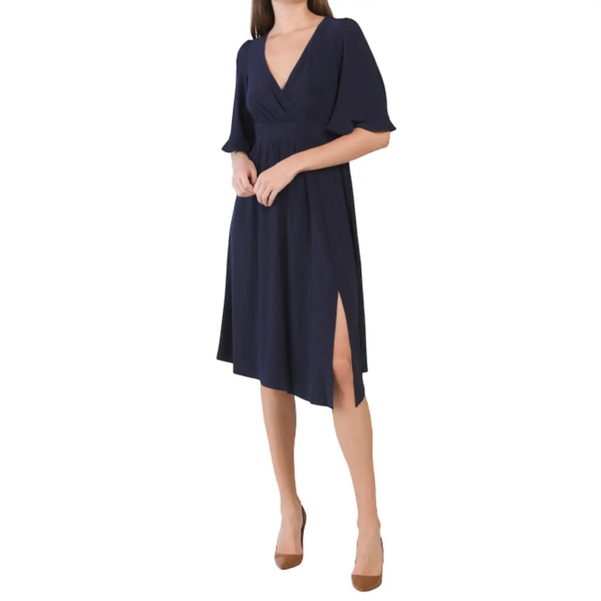 Eliza J Women's Elbow Sleeve V-Neck Front Slit Asymmetric Party Cocktail Midi Dress 1