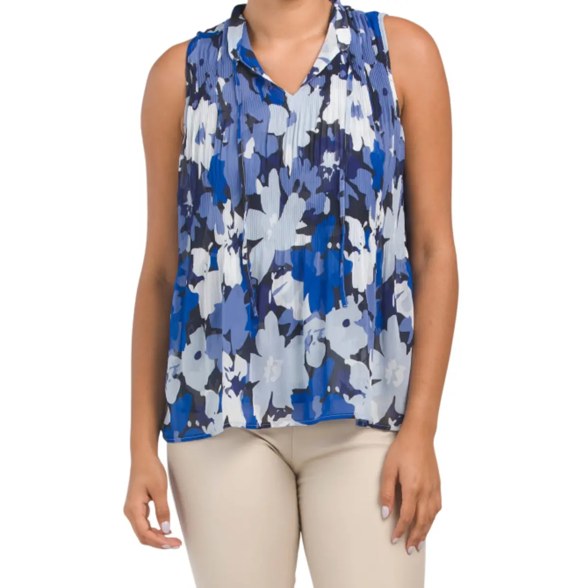 Ellen Tracy Women's Floral Print Tie Neck Pleated Sleeveless Blouse 1