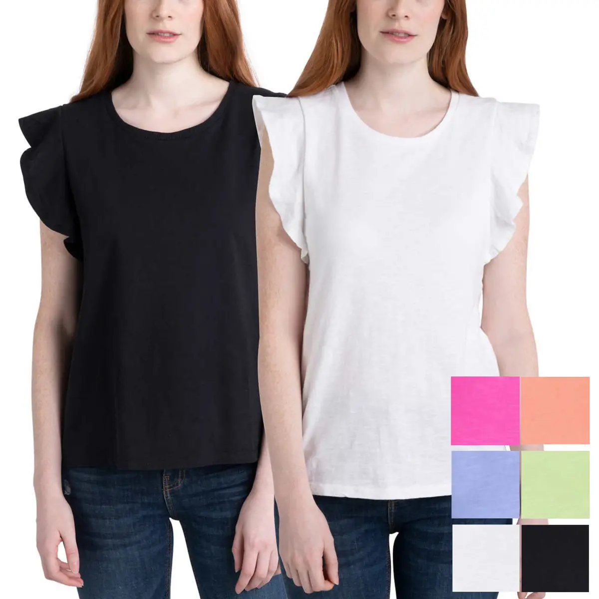 Ecothreads Women's 2-Pack Flutter Sleeve Soft Organic Cotton Tee Top 1