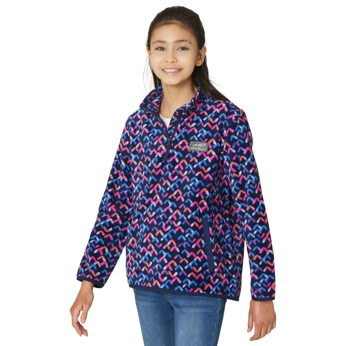 Eddie Bauer Big Girl's Youth Fleece Quarter Zip Mock Neck Kangaroo Pocket Sweater Top 1