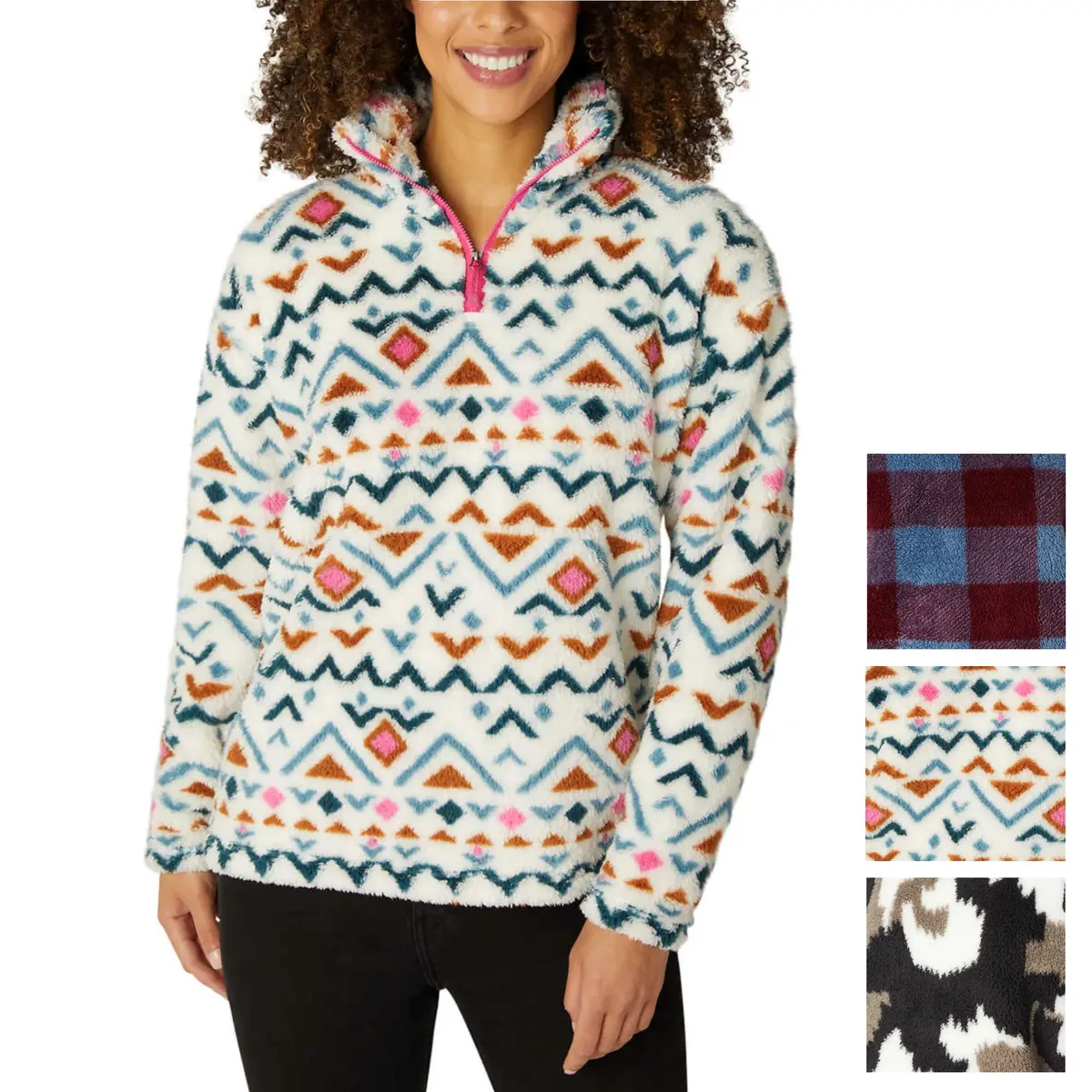 Eddie Bauer Women's Ultra Soft Plush Fleece Quarter Zip Sweatshirt Aztec Print Pullover Top 1
