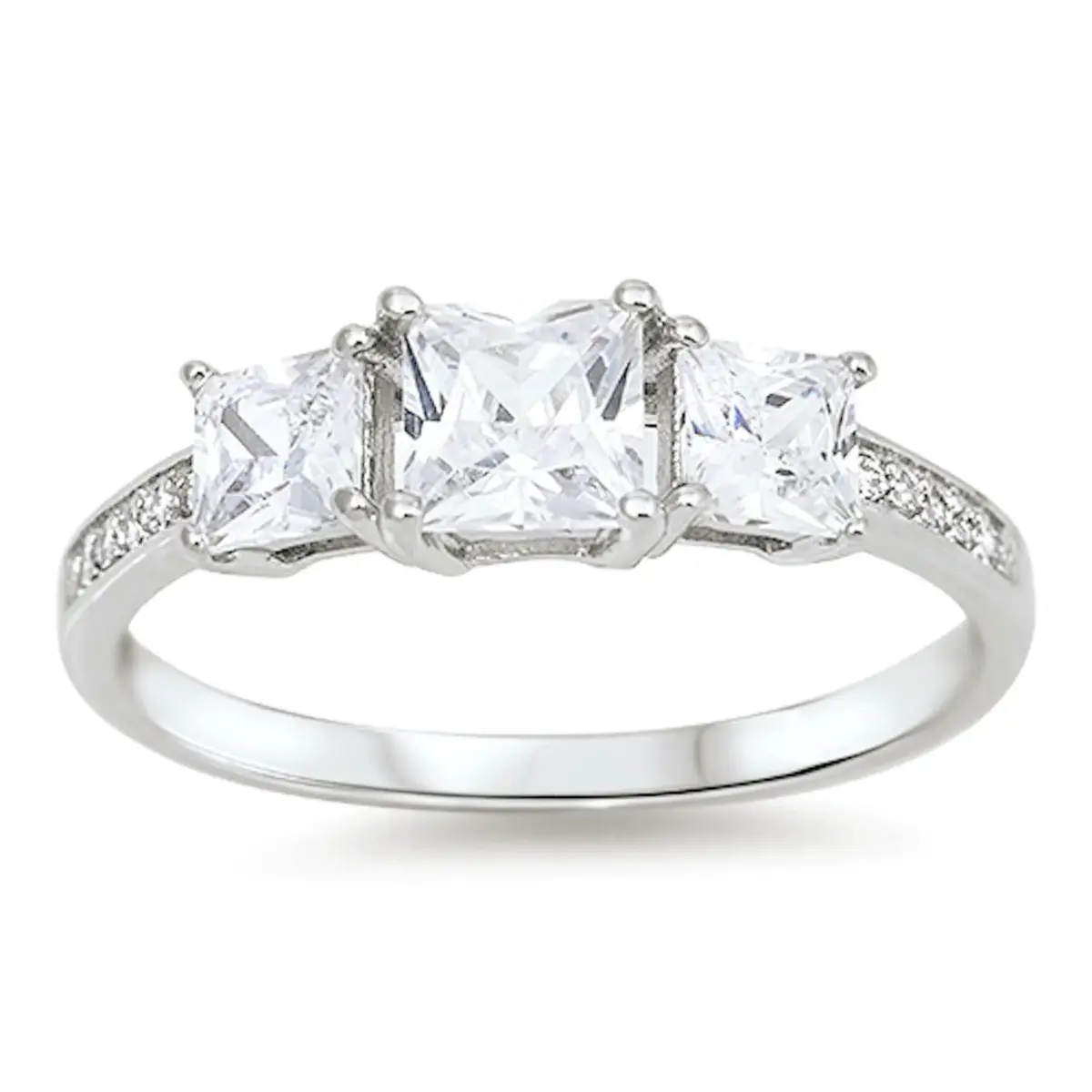 Fashion Women's 925 Sterling Silver Three Stone Princess Cut Cubic Zirconia Ring 1