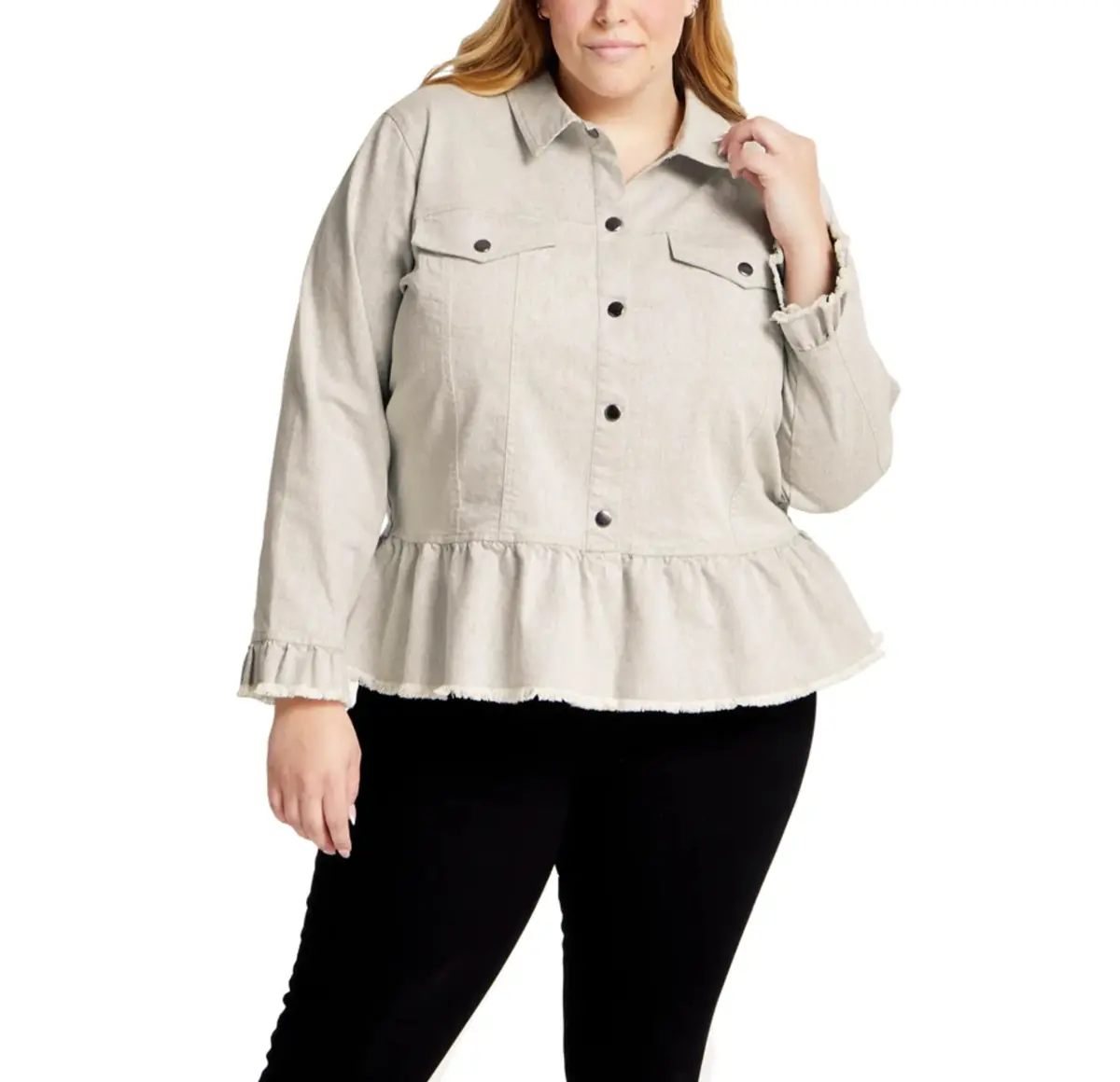 Given Kale Women's Plus Ruffle Trim Stretch Cotton Blend Twill Peplum Shirt Jacket 1