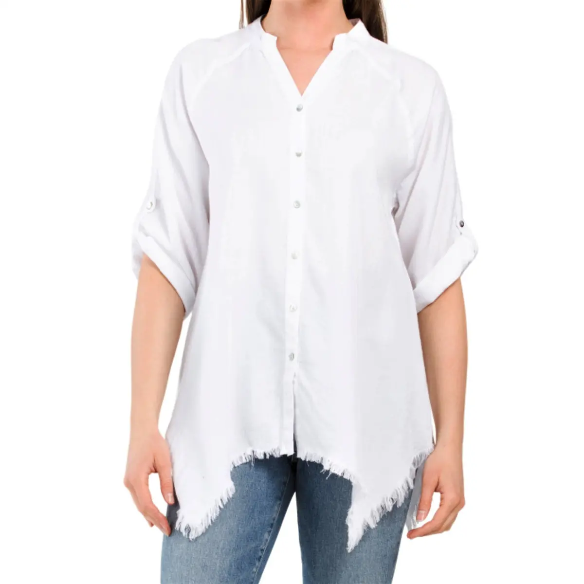 Grand And Green Roll Tab Sleeve Frayed Hem Button Down Shirt 1