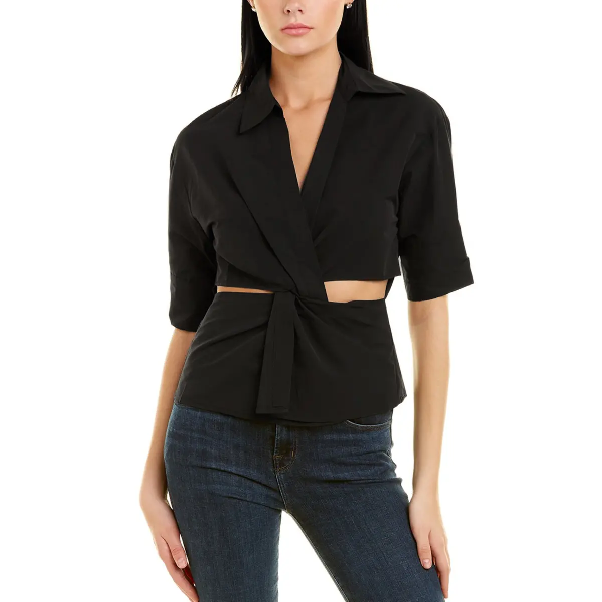 Gracia Collared Cut Out Twisting Point Blouse Top 1