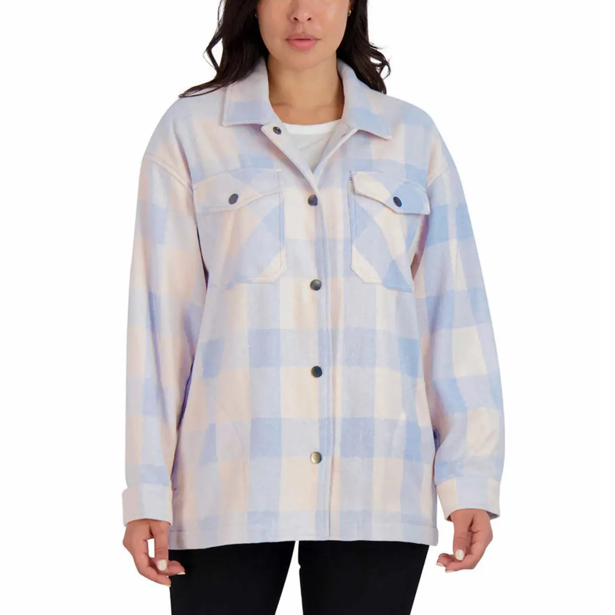 Hfx Women's Relaxed Fit Front Snap Cozy Plaid Shirt Jacket 1