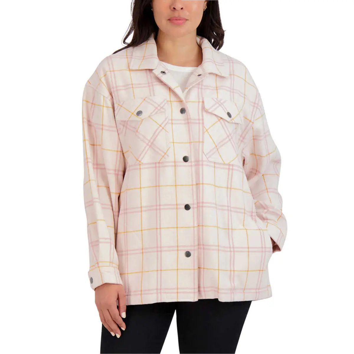 Hfx Women's Relaxed Fit Front Snap Cozy Plaid Shirt Jacket 1