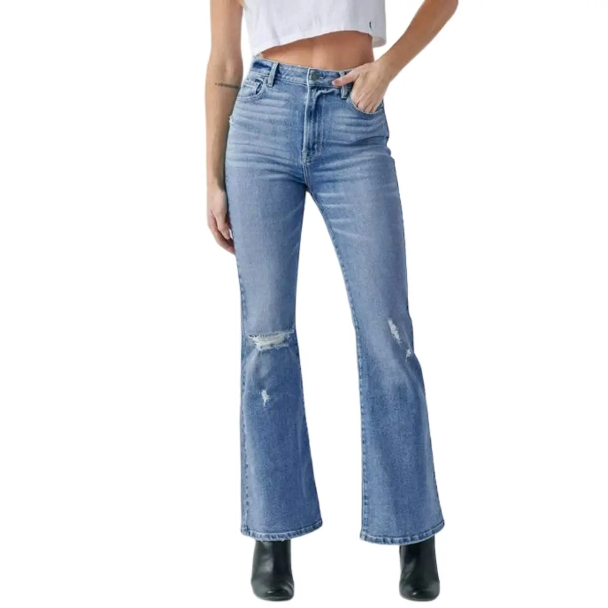 Hidden Women's Happi High Rise Distressed Light Wash Denim Flare Jeans 1