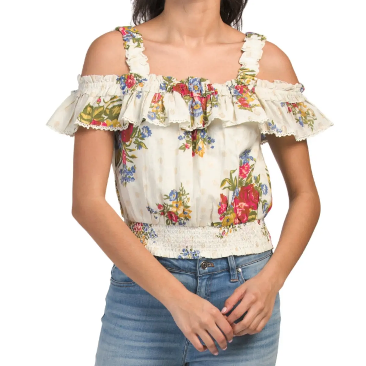 Hause Of Harlow Smocked Floral Print Ruffle Off The Shoulder Blouse Top 1