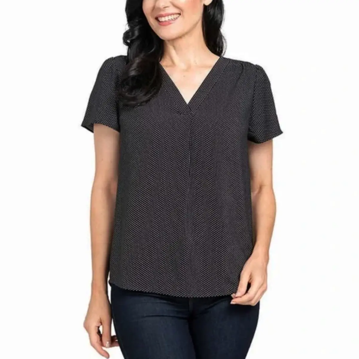 Hilary Radley Women's Dot Print V-Neck Flare Short Sleeves Relaxed Fit Top Blouse 1