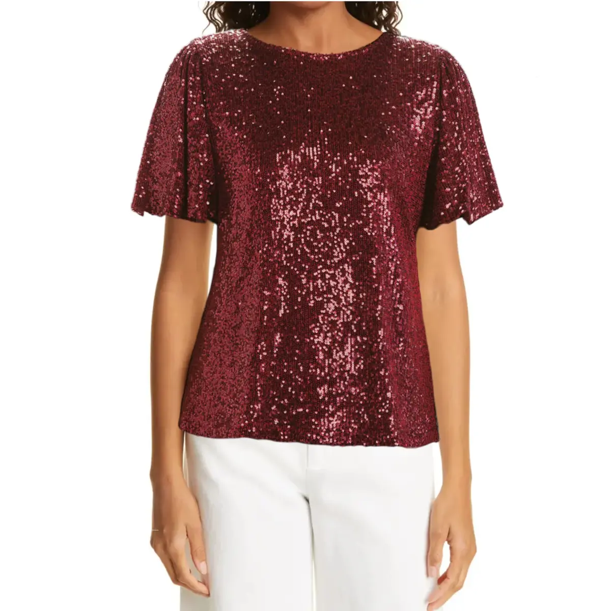 Hilary Radley Women's Flutter Sleave Keyhole Back Sequin Blouse Top 1