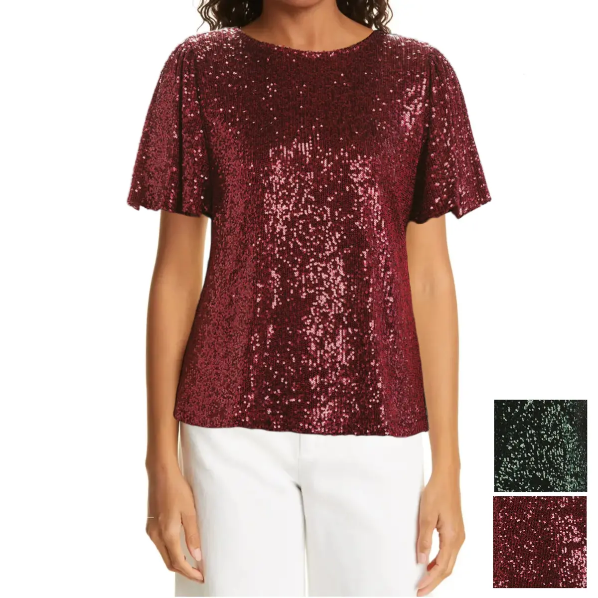 Hilary Radley Women's Flutter Sleave Keyhole Back Sequin Blouse Top 1