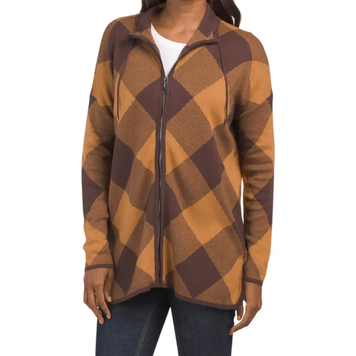Jones New York Women's Buffalo Plaid Lightweight Knit Full Zip Poncho Jacket 1