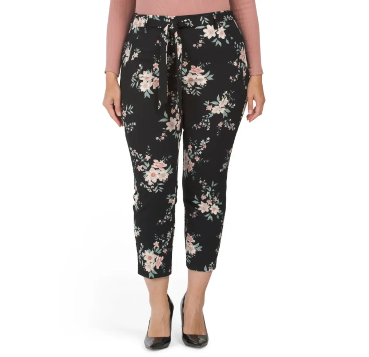 J&L White Women's Plus High Rise Floral Print Techno Crepe Tie Belt Pull On Pants 1