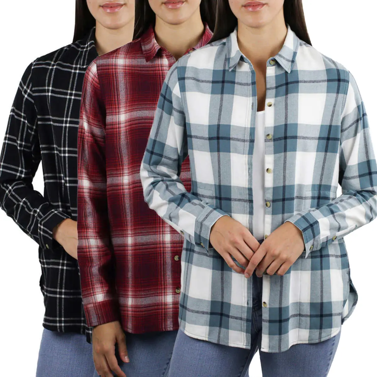 Jachs Girlfriend Women's' Super Soft Flannel Side Pockets Button Front Shirt 1