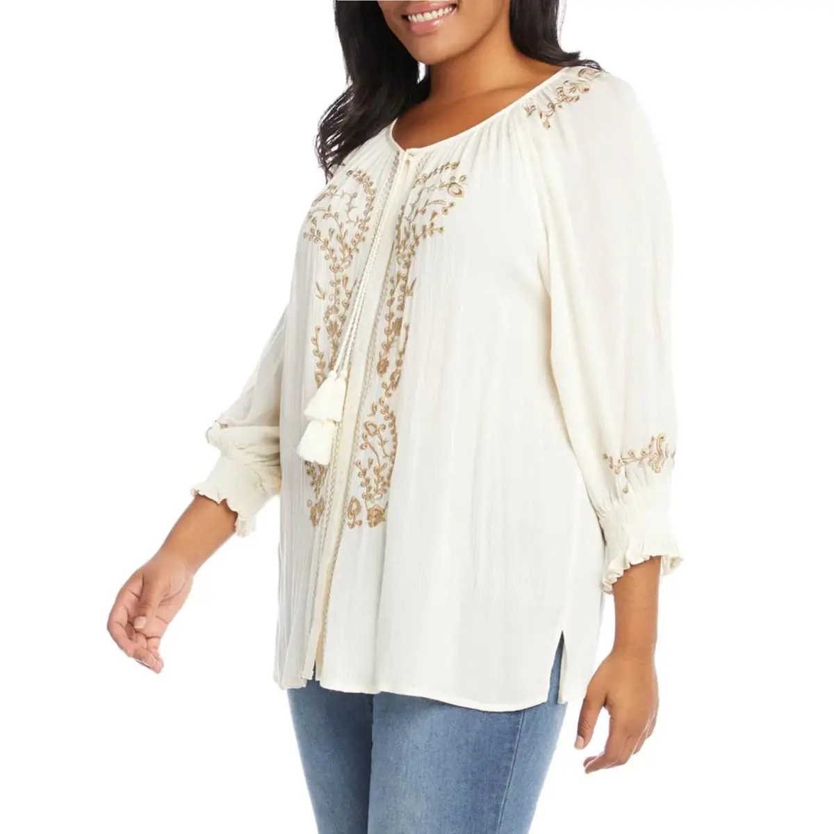 Karen Kane Plus Floral Embroidered Tassels Button Front Peasant Blouse Top 1