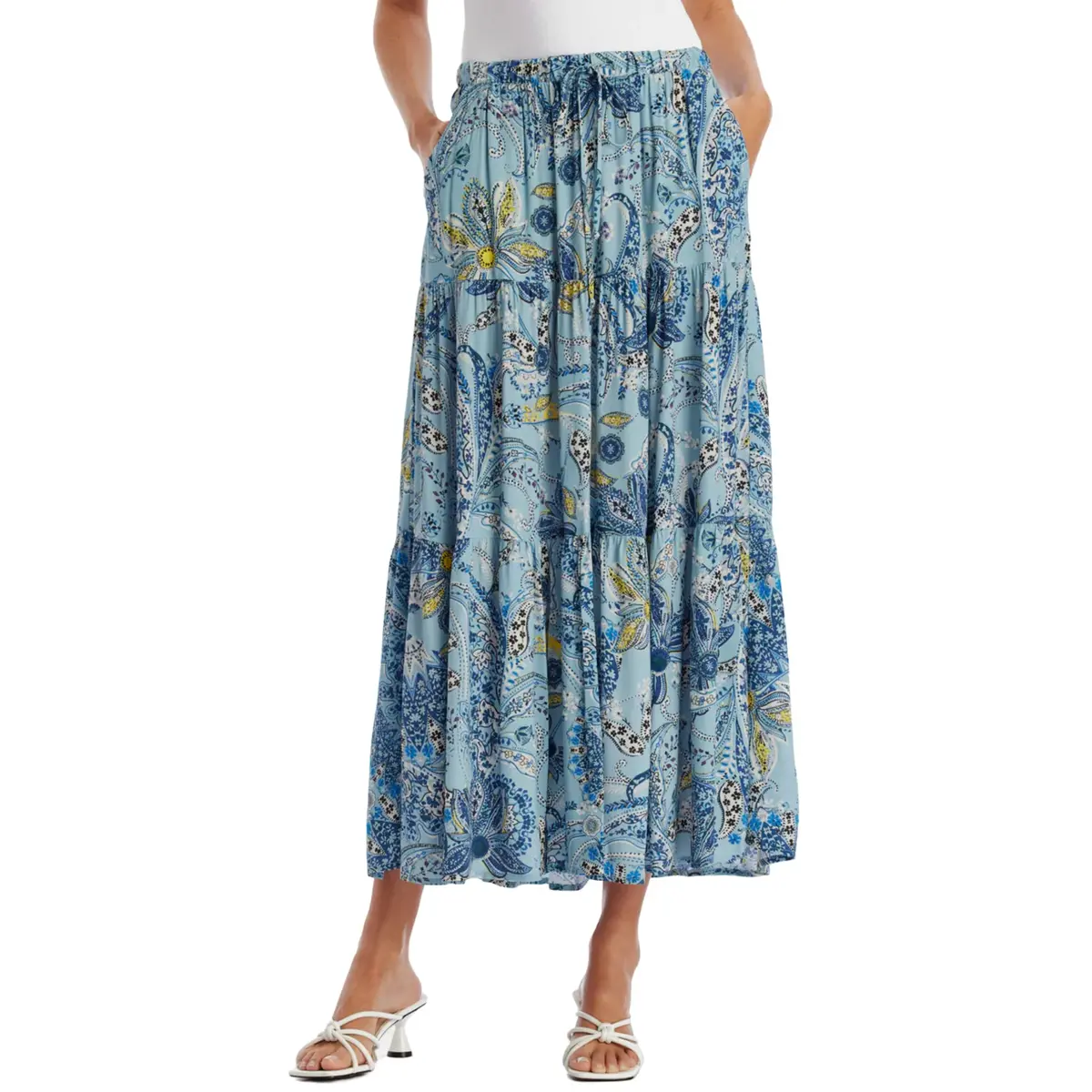 Karen Kane Boho Floral Paisley Print Side Pockets Tiered Midi Skirt 1
