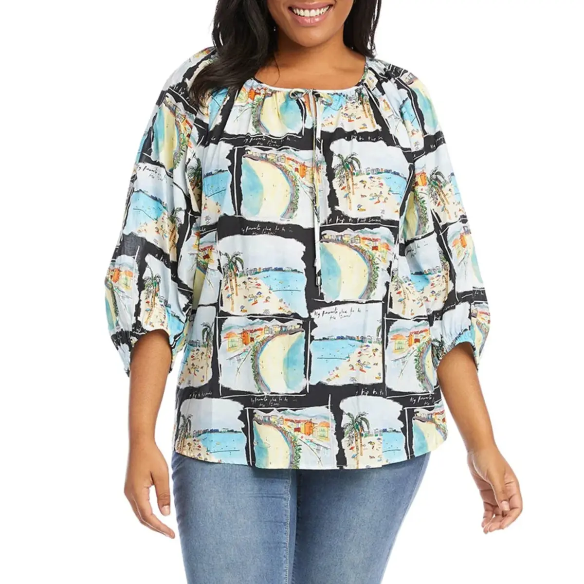 Karen Kane Women's Plus Boho Printed Peasant Blouse Tunic Top 1