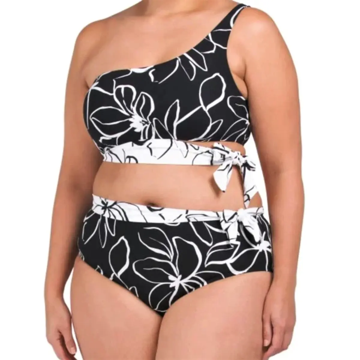La Blanca Women's Plus Moonlit Floral One Shoulder Swim Top And Sash Bottom Collection 1