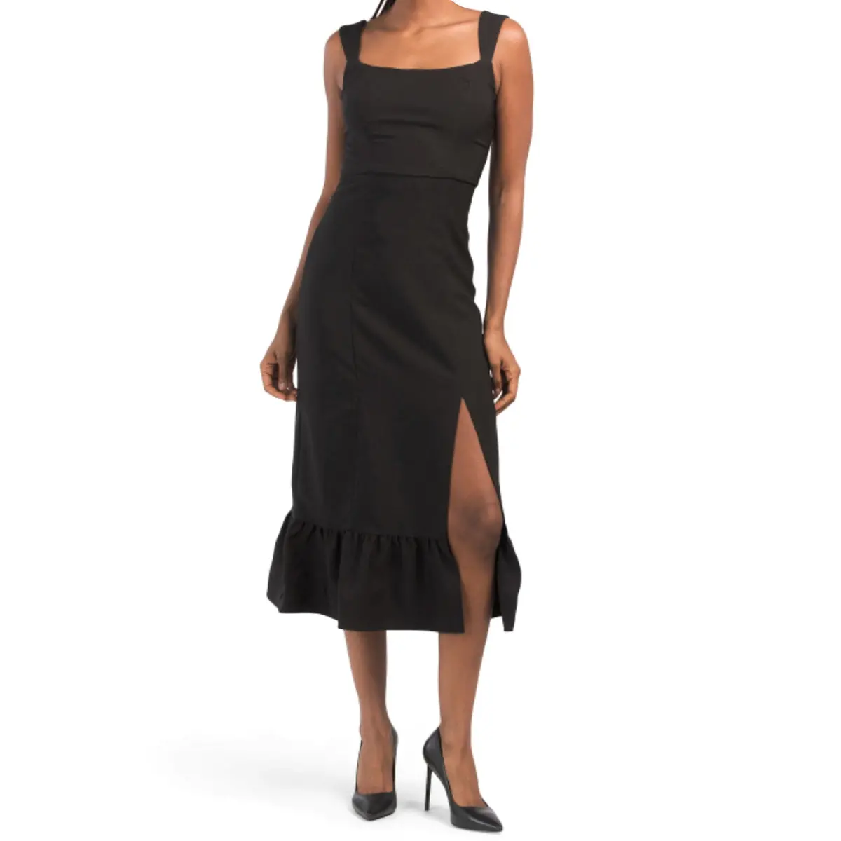 Laundry By Shelli Segal Women's Square Neck Ruffle Hem Side Split Midi Dress 1