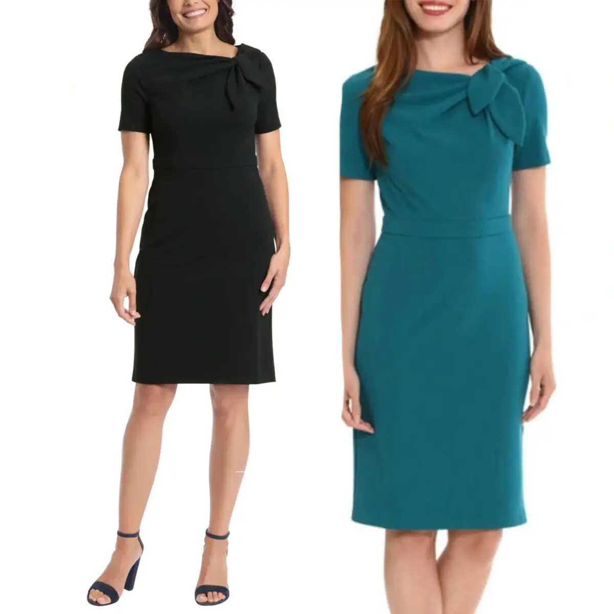 London Times Women's Short Sleeve Gathered Neck Tie Sheath Mini Dress 1