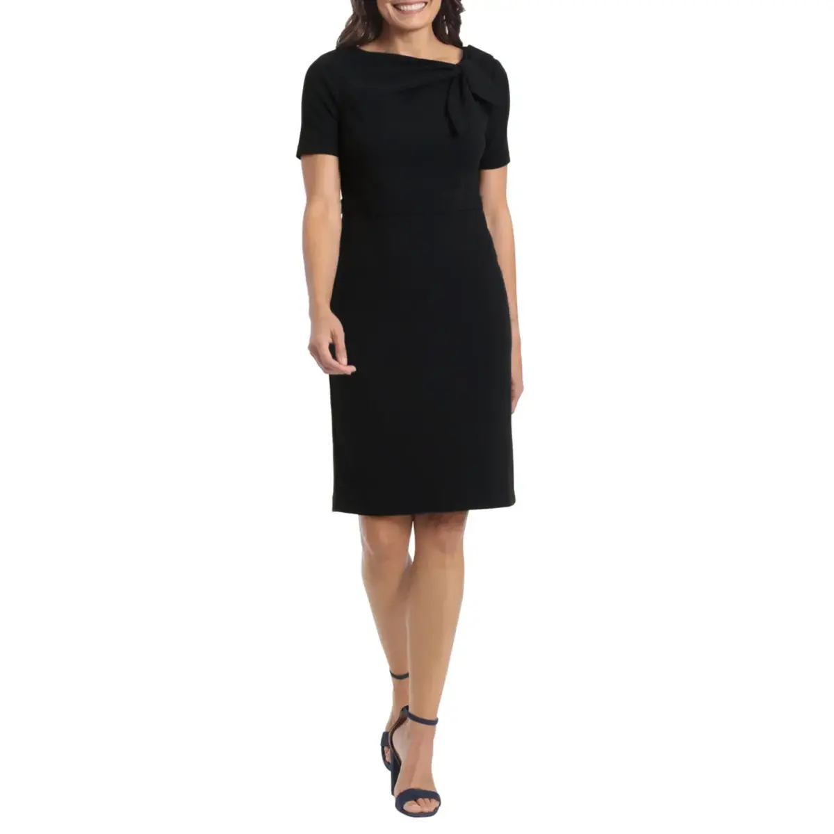 London Times Women's Short Sleeve Gathered Neck Tie Sheath Mini Dress 1