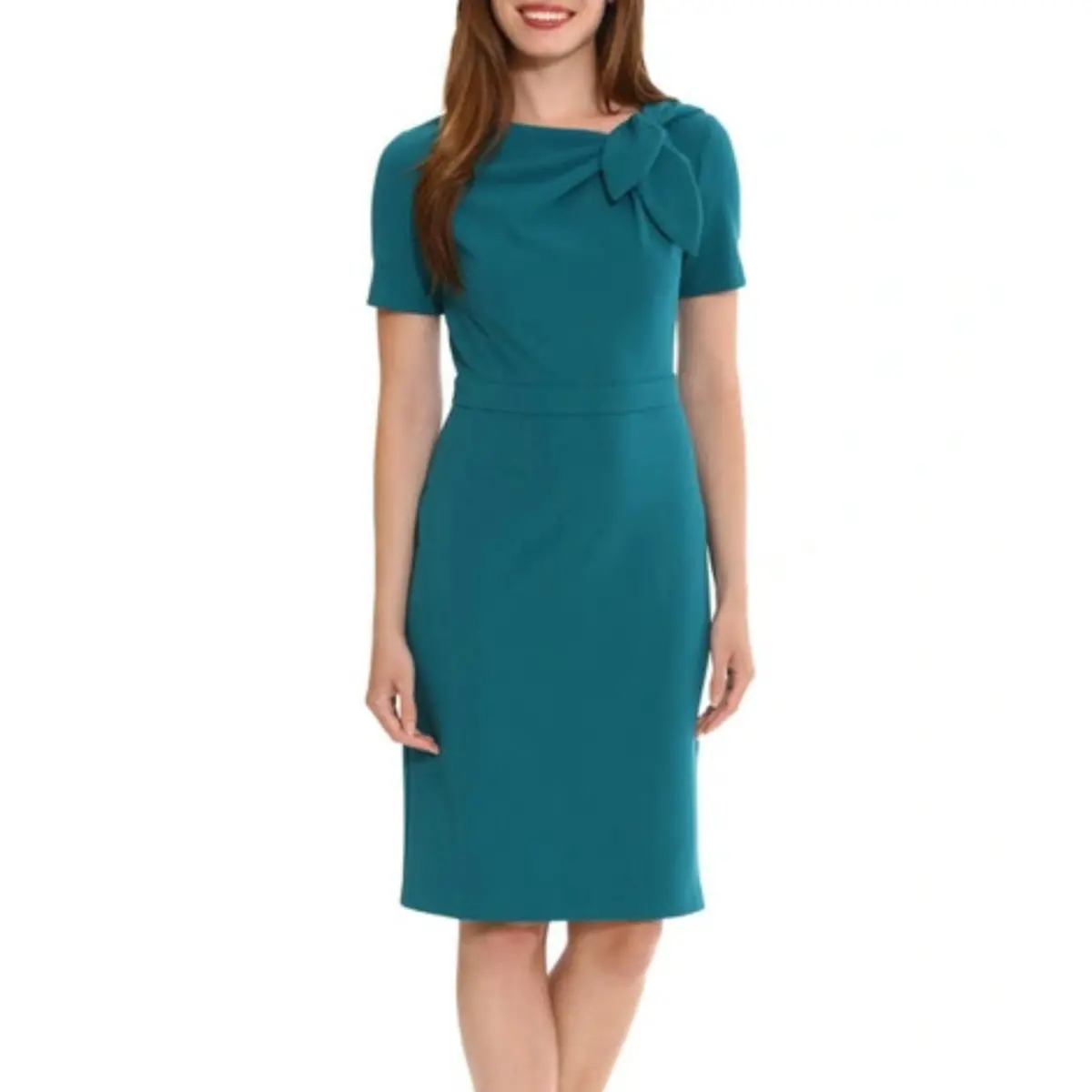 London Times Women's Short Sleeve Gathered Neck Tie Sheath Mini Dress 1