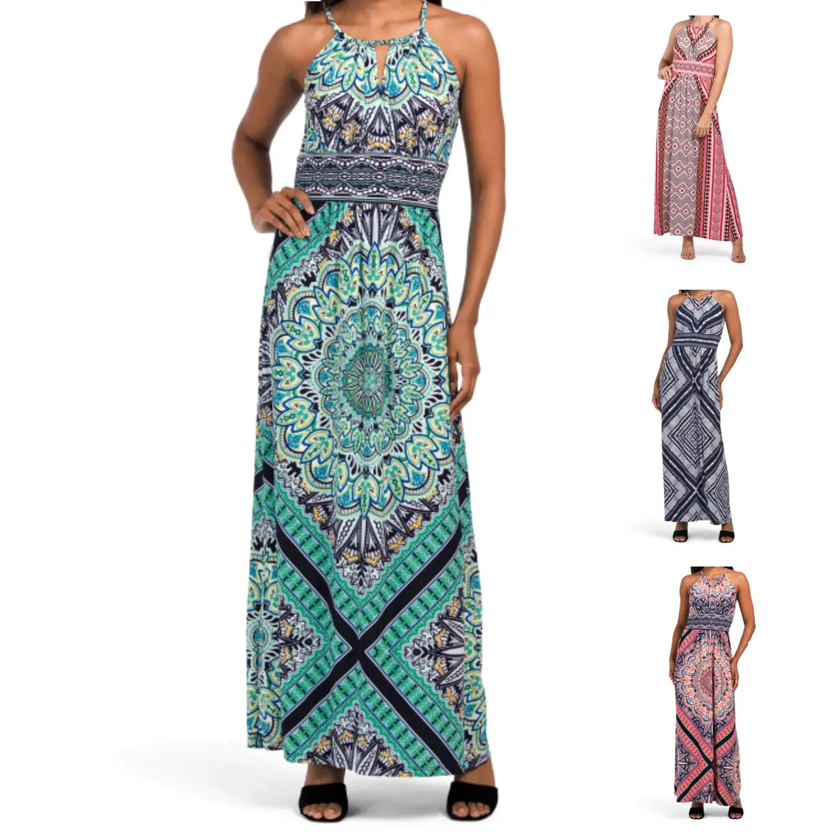 London Times Women's Morris Diamond Basket Printed Keyhole Halter Maxi Dress 1