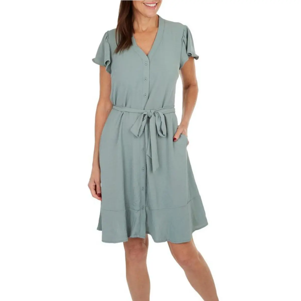 Lucky Brand Women's Flutter Sleeve V-Neck Button Front Mini Shirt Dress 1