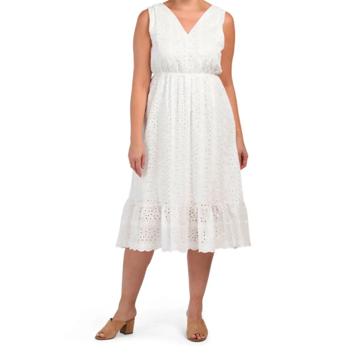 Lungo L'arno Italy Plus Ruffle Hem Cotton Eyelet Midi Dress 1