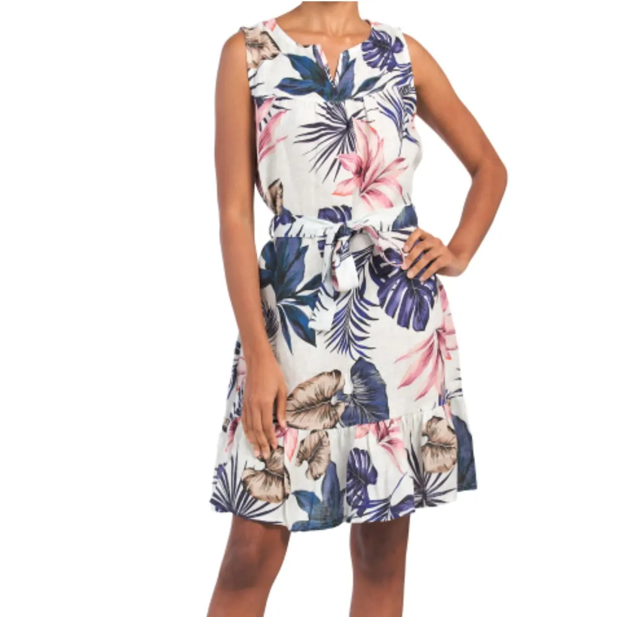 Lungo L'arno Made In Italy Linen V-Neck Tie Waist Floral Print Mini Dress 1
