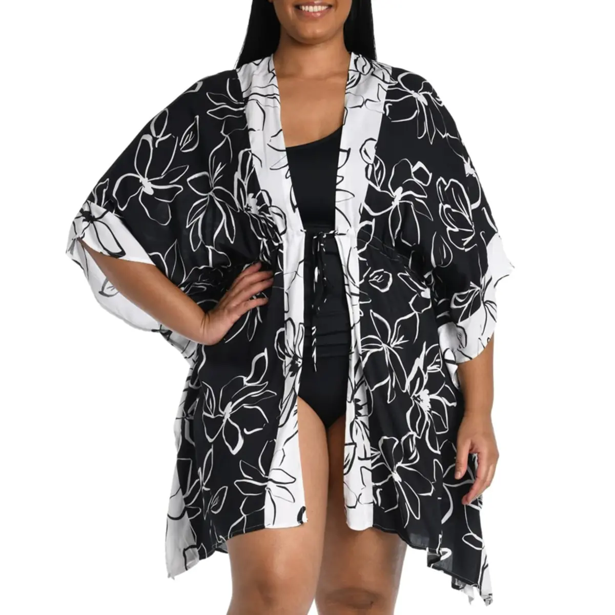 La Blanca Women's Plus Moonlit Floral Print Beach Pool Kimono Cover Up 1
