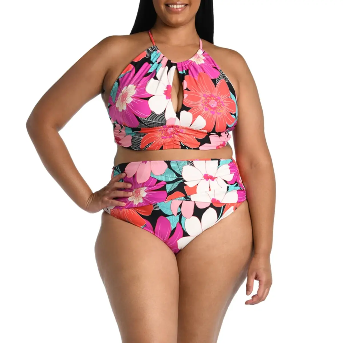 La Blanca Women's Plus Size In Full Bloom Floral High Neck Swim Tankini Top And Bottom Collection 1