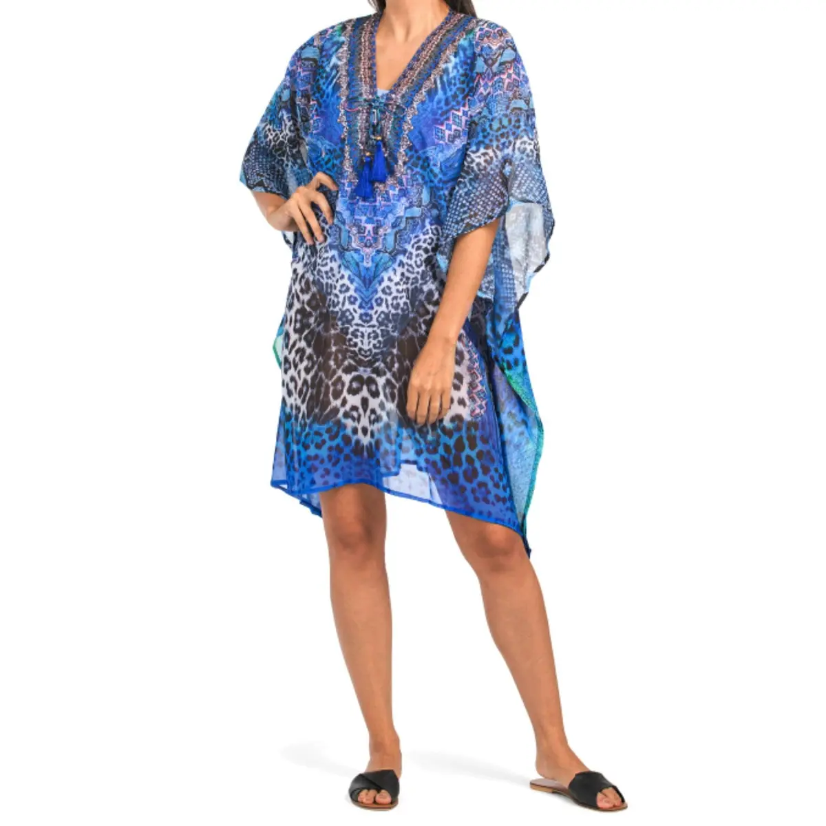La Moda Women's Rhinestone Embellished Cat Caftan Swim Cover-Up 1