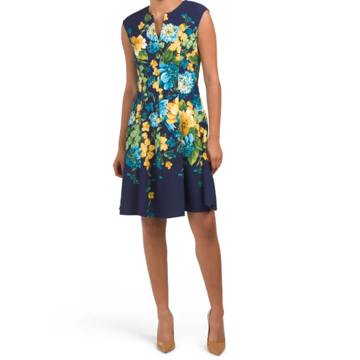 London Times Women's Floral Print Split Neck Fit & Flare Mini Dress 1