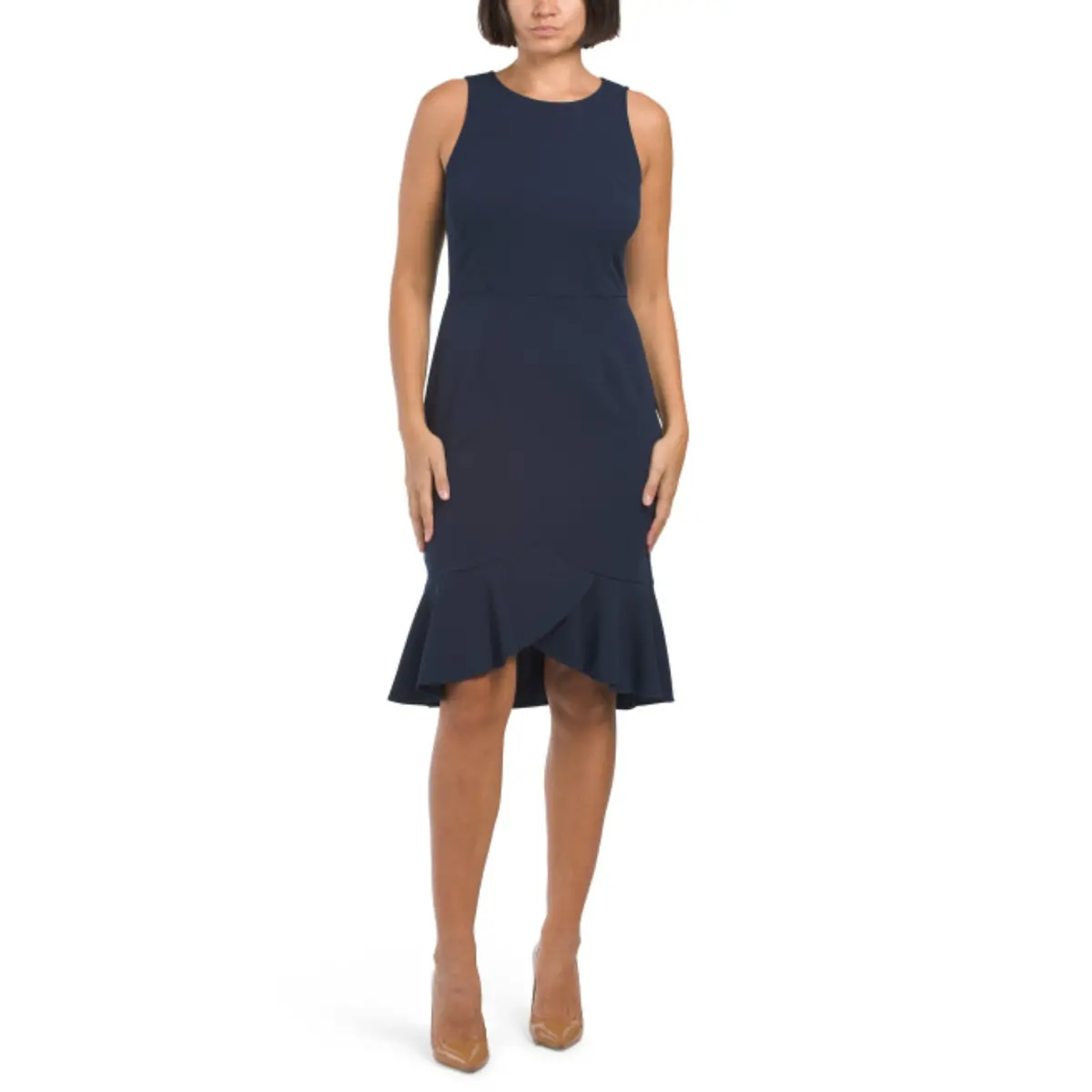 London Times Women's Scuba Crepe Ruffle Hi-Low Hem Midi Dress 1