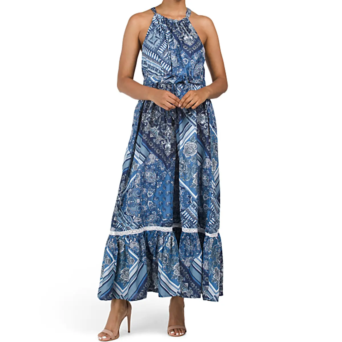 Lucky Brand Women's Halter Neck Flounce Hem Cotton Floral Summer Maxi Dress 1